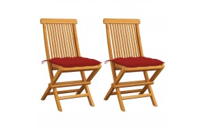 Καρέκλες κήπου 2 τεμ. Από μασίφ ξύλο teak με κόκκινα μαξιλάρια
