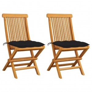 Καρέκλες κήπου 2 τεμ. Από μασίφ ξύλο teak με μαύρα μαξιλάρια