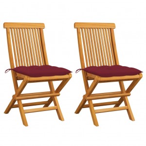Καρέκλες κήπου 2 τεμ. Από μασίφ ξύλο teak με μπορντό μαξιλάρια