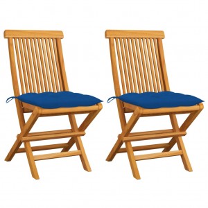 Καρέκλες κήπου 2 τεμ. Από μασίφ ξύλο teak με μπλε μαξιλάρια
