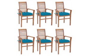 Καρέκλες τραπεζαρίας 6 τεμ. Μασίφ ξύλο teak & γαλάζια μαξιλάρια