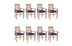 Καρέκλες τραπεζαρίας 8 τεμ. Μασίφ ξύλο teak με μπλε μαξιλάρια