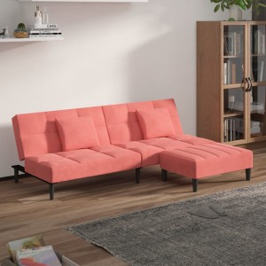Καναπές Κρεβάτι Διθέσιος Ροζ Βελούδινος με 2 Μαξιλ. & Υποπόδιο
