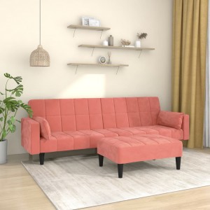 Καναπές Κρεβάτι Διθέσιος Ροζ Βελούδινος με 2 Μαξιλ. & Υποπόδιο