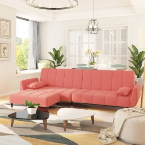Καναπές Κρεβάτι Διθέσιος Ροζ Βελούδινος με Υποπόδιο&2 Μαξιλάρια
