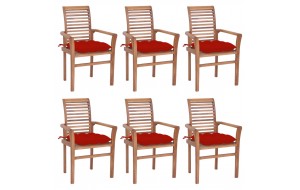 Καρέκλες Τραπεζαρίας 6 τεμ. Μασίφ Ξύλο Teak & Κόκκινα Μαξιλάρια