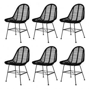 Καρέκλες τραπεζαρίας σετ έξι τεμαχίων μαύρες από γνήσιο ρατάν