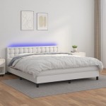 Κρεβάτι Boxspring με Στρώμα & LED Λευκό 160x200 εκ. Συνθ. Δέρμα