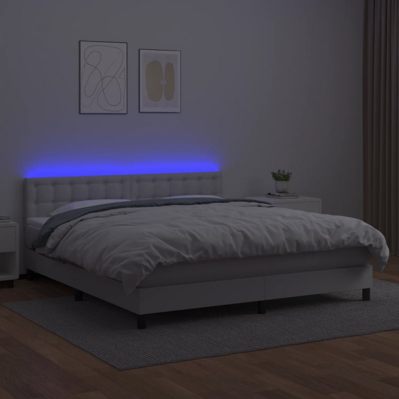 Κρεβάτι Boxspring με Στρώμα & LED Λευκό 160x200 εκ. Συνθ. Δέρμα