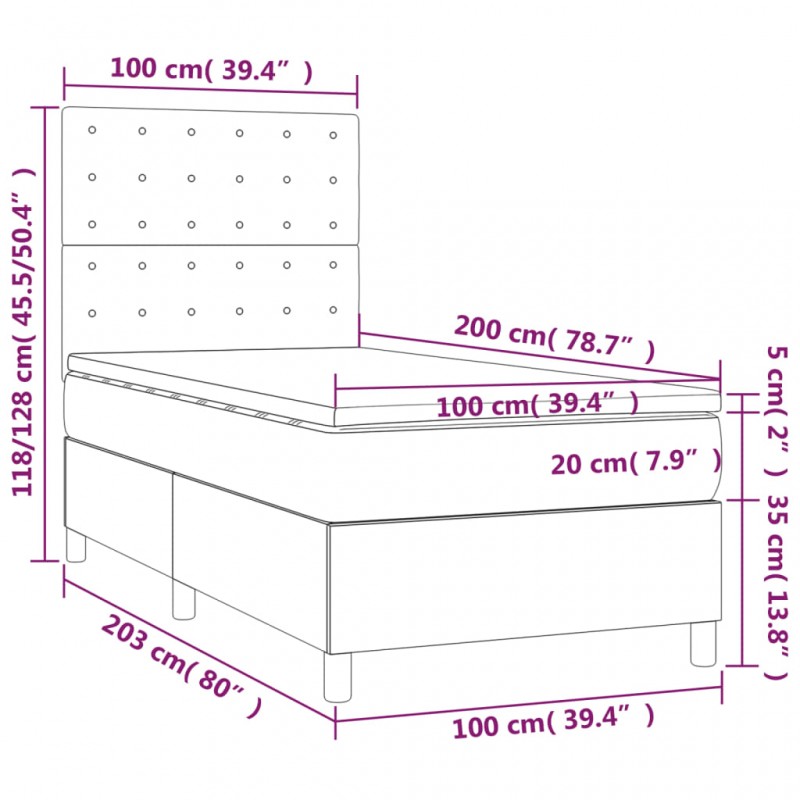 Κρεβάτι Boxspring με Στρώμα & LED Αν.Γκρι 100x200 εκ. Βελούδινο