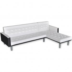 Καναπές-Κρεβάτι Γωνιακός Λευκός από Συνθετικό Δέρμα