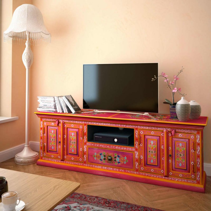 Έπιπλο τηλεόρασης με χειροποίητες λεπτομέρειες ροζ από μασίφ ξύλο μάνγκο 120x30x40 εκ