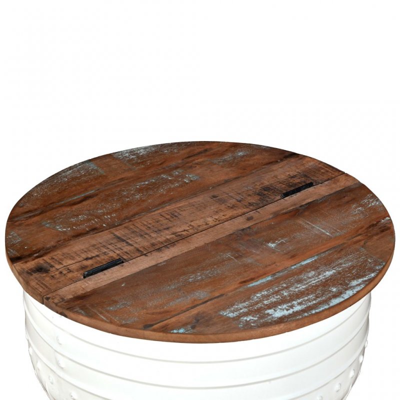 Τραπεζάκι σαλονιού σε σχήμα βαρελιού λευκό με επιφάνεια από μασίφ ανακυκλωμένο ξύλο 60x40 εκ