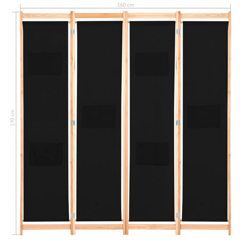 Διαχωριστικό δωματίου με 4 πάνελ με σκελετό από ελάτη και μαύρο ύφασμα 160x170 εκ