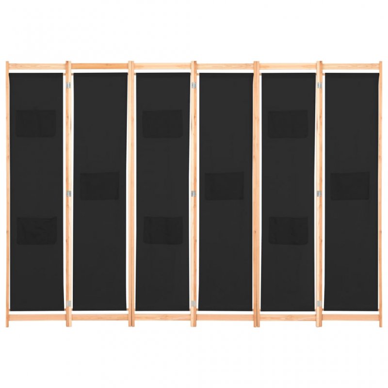 Διαχωριστικό δωματίου με 6 πάνελ από μασίφ ξύλο ελάτης και μαύρο ύφασμα 240x170 εκ