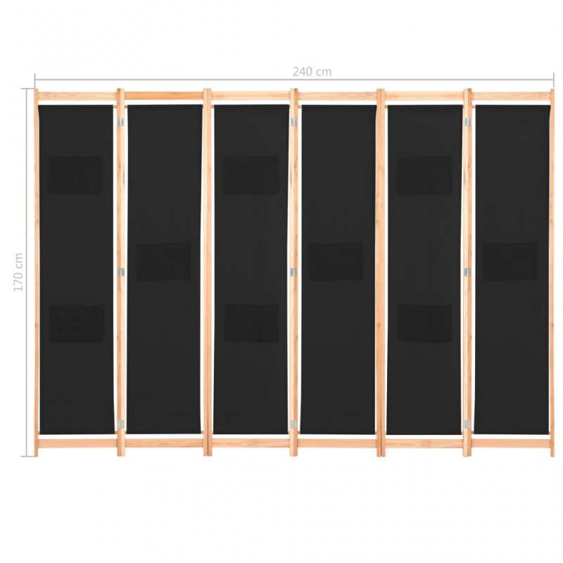 Διαχωριστικό δωματίου με 6 πάνελ από μασίφ ξύλο ελάτης και μαύρο ύφασμα 240x170 εκ