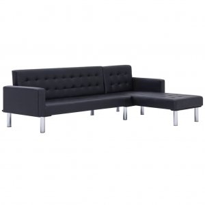Καναπές-Κρεβάτι Γωνιακός Μαύρος από Συνθετικό Δέρμ&alpha