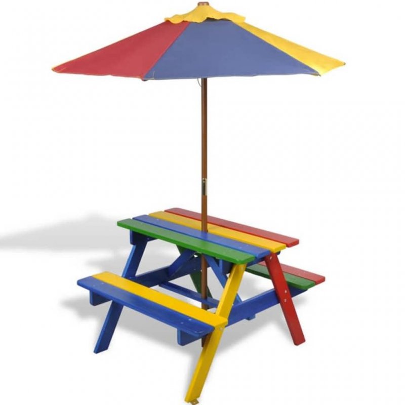Τραπέζι Πικ-νικ Παιδικό με Παγκάκια / Ομπρέλα Πολύχρωμο Ξύλινο | Echo Deco