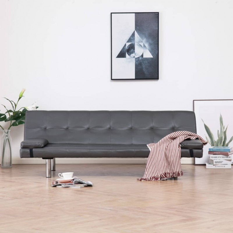 Καναπές - Κρεβάτι με Δύο Μαξιλάρια Γκρι από Συνθετικό Δέρμα