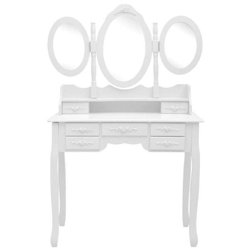 Μπουντουάρ με σκαμπό και αναδιπλούμενο τριπλό καθρέφτη σε λευκό χρώμα