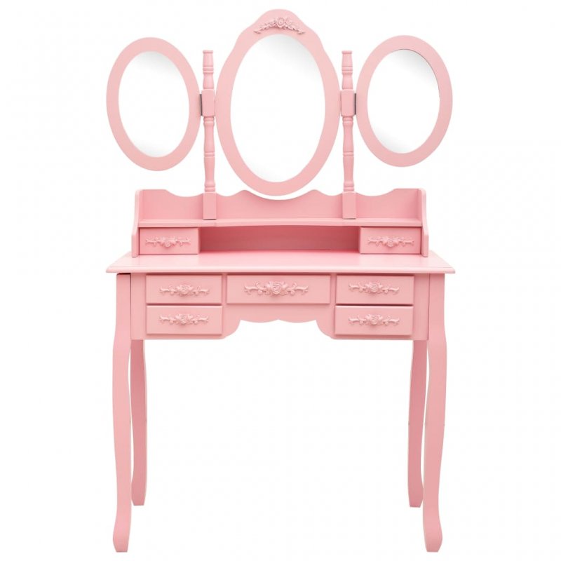 Μπουντουάρ με σκαμπό και αναδιπλούμενο τριπλό καθρέφτη σε ροζ χρώμα