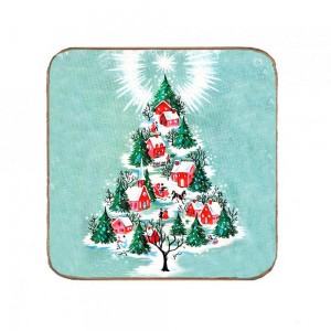 Χειροποίητο σουβέρ με χιονισμένα χριστουγεννιάτικα σπιτάκια και δέντρα 9.5x9.5 εκ